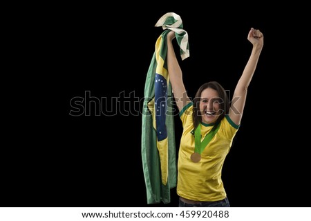 Brazilian Female Athlete Winning a golden medal on a black Background.