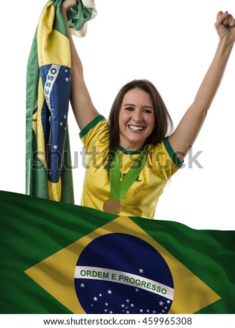 Brazilian female Athlete Winning a golden medal with a brazilian flag in front.