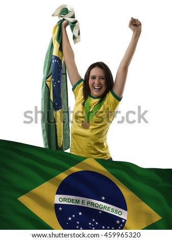 Brazilian female Athlete Winning a golden medal with a brazilian flag in front.