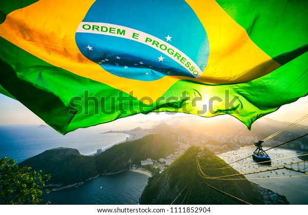 Brazilian Flag Shines Above Golden Sunset Stock Photo Edit Now