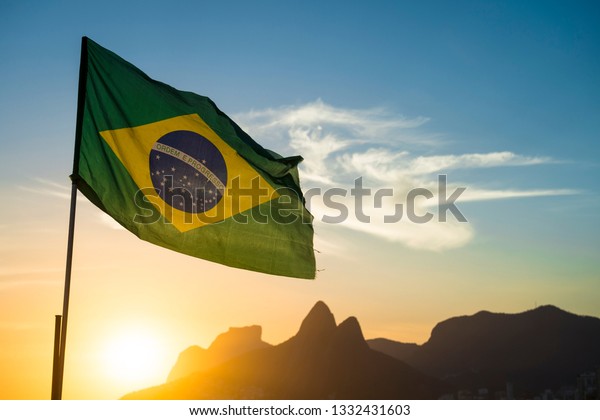 Brazilian Flag Waving Backlit Front Golden Stock Photo Edit Now