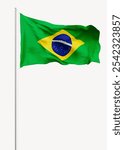 Brazilian flag waving on a pole. Green, yellow, and blue colors. National symbol of Brazil. Flag of Brazil against a clear sky. Brazilian flag in motion.