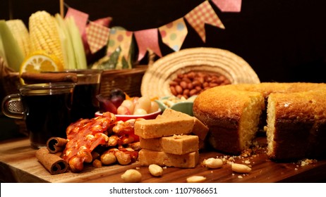 Brazilian Food For June Feast. Festa Junina Treats On Decorated Table.