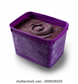 Brazilian Frozen Acai Berry Ice Cream Purple Bowl Box. Isolated On White Background. Summer Menu Front View