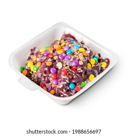 Brazilian Frozen Açai Berry With Condensed Milk, Granola And Confetti On A Styrofoam Lunch Box Ready To Go. Isolated On White Background