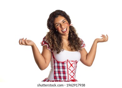 Brazilian June Party, Typical Celebration In Brazil. Cheerful Black Girl In Traditional Plaid Clothes .