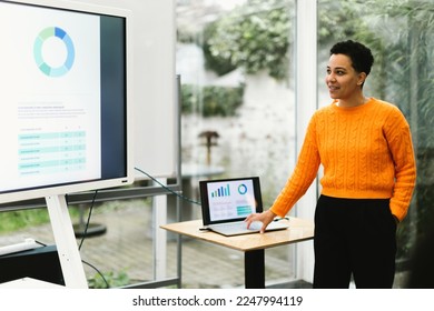 brazilian lady showing chart giving training using laptop and monitor tv in indoors classroom - Powered by Shutterstock - Get 15% off with code: PIKWIZARD15