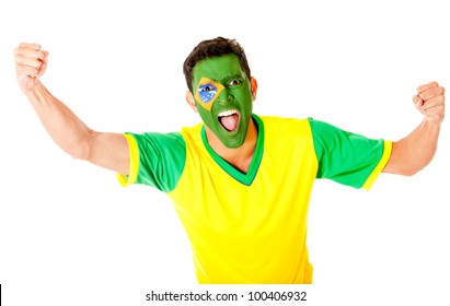 Brazilian man celebrating with arms up - isolated over a white background - Powered by Shutterstock