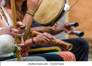 Brazilian musical instrument called berimbau and others usually used during capoeira brought from africa and modified by the slaves