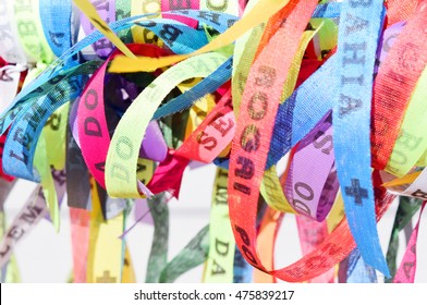 Brazilian ribbons (Lembranca do Senhor do Bonfim da Bahia) from Salvador, Bahia used to tie around wrist three times and make 3 wishes. Translation: Reminder of our Lord of Bonfim of Bahia