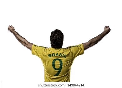 Brazilian soccer player, celebrating with the fans, on a white background.