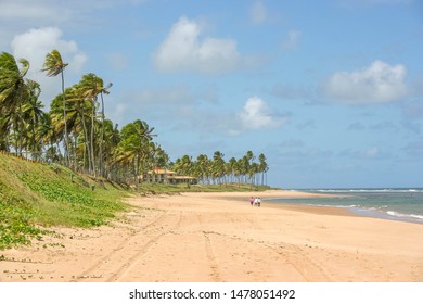 Brazilian Tropical Beach, At Bahia, With White Sand, Coconut Trees And Three Unrecognizable People Walking Away On The Distance