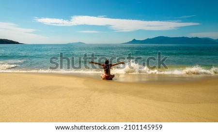 Brazilian woman in bikini on a deserted beach in Ubatuba, São Paulo, Brazil.
Atlantic forest, yellow sand and clear sea water. Figueira beach paradise.
