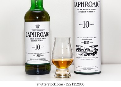 Brasília,DF, Brazil,November 01, 2022: Laphroaig Islay Single Malt Scotch Whiskey, Isolated In Selective Focus. Glen Cairn Cup Served.