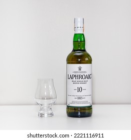 Brasília,DF, Brazil,November 01, 2022: Laphroaig Islay Single Malt Scotch Whiskey, Isolated In Selective Focus. Bottle And Cup Glen Cairn