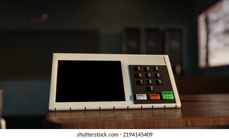 Brazil's Elections. Electronic Ballot Old Model. School Classroom Environment. 3D Rendering. Braille Language.