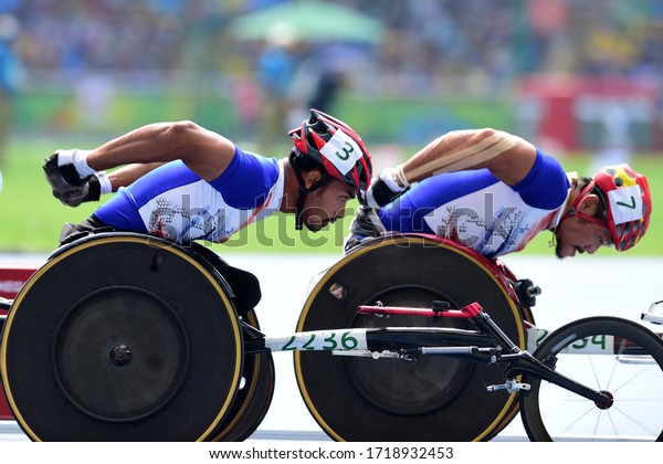 BRAZIL,September7-18,2018 :PRAWAT\
WAHORAM (No.3) and RAWAT TANA (No.7) from thailand in action during\
Wheelchair racing T54 in RIO 2016 PARALYMPIC GAMES in Rio de\
Janeiro,\
BRAZIL