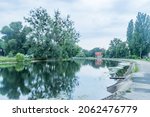 Brda River at cloudy day in city center of Bydgoszcz, Poland.