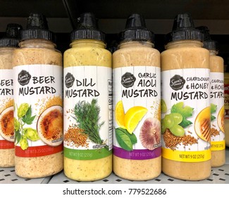 Brea, CA - December 05, 2017: Grocery Store Shelf With Bottles Of Sam's Choice Brand Mustards. Sam's Choice Is A Private Label Brand Created By Cott Beverages For Wal-Mart Stores.