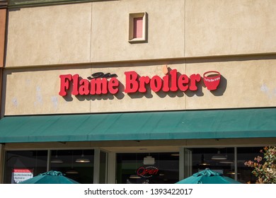 Brea, California/United States - 04/17/2019: A Store Front Sign For The Rice Bowl Chain Known As Flame Broiler