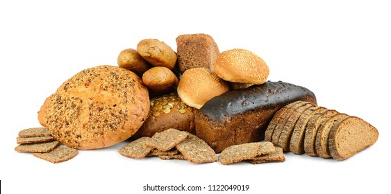 Bread And Baked Goods Isolated On White Background. Side View.