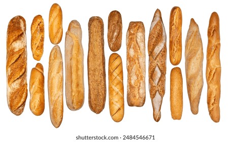 Bread and bakery. Different kinds of non sweet bakery and bread: whole grain bread, ciabatta, brown homemade, baguette, etc. isolated on white background with work path.