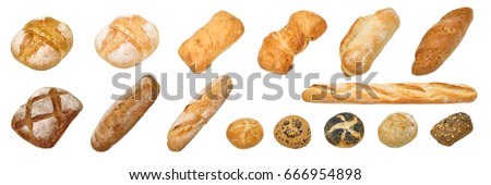 Bread and bakery. Different kinds of non sweet bakery and bread: whole grain bread, ciabatta, brown homemade, baguette, etc. isolated on white background with work path.