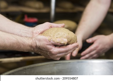 In Bread Bakery, Food Factory, Manual Workshop, People Working Together Making Handmade Bread