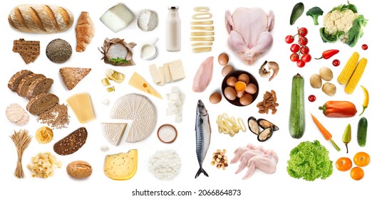 Bread, cheese, pasta and fish, meat, pepper and salad, isolated on white background, top view, panorama, collage. Balanced diet, set of healthy meal, food blog and delivery service of grocery products - Shutterstock ID 2066864873