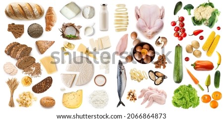 Bread, cheese, pasta and fish, meat, pepper and salad, isolated on white background, top view, panorama, collage. Balanced diet, set of healthy meal, food blog and delivery service of grocery products