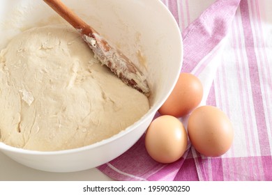 Bread Cooking, Fresh Dough And Eggs On Pink Kitchen Towel