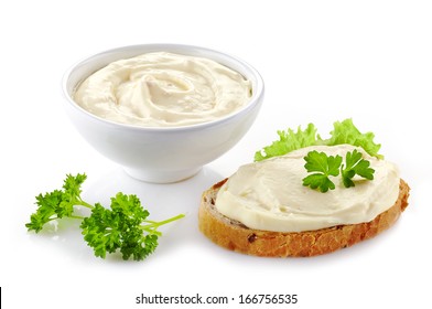 Bread With Cream Cheese Isolated On White Background