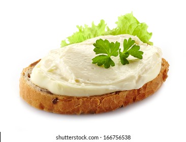 Bread With Cream Cheese Isolated On White Background