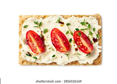 Bread Crisps With Cream Cheese, Tomato Slices And Herbs On White