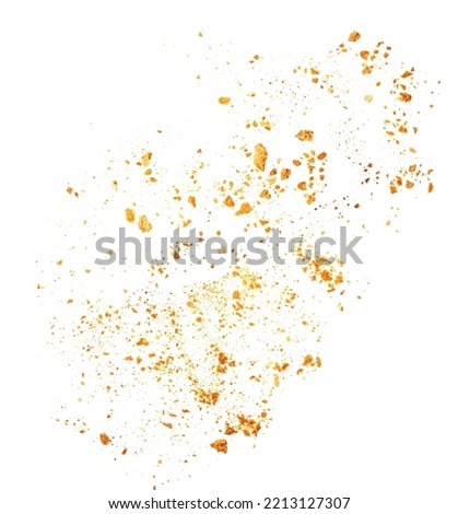Bread crumbs  isolated on white background. Splash of crumbs Top view. Pattern. Flat lay.
