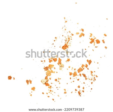 Bread crumbs macro isolated on white background. Splash of crumbs Top view. Flat lay.