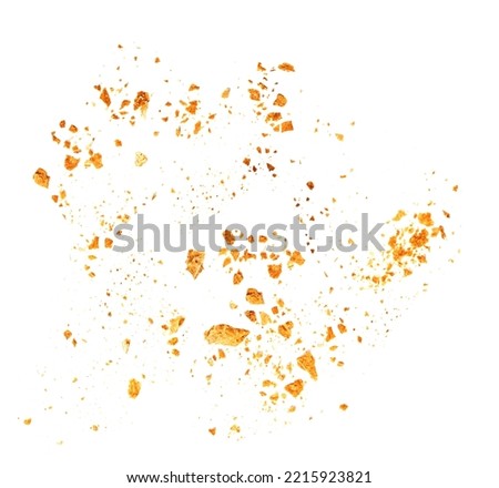 Bread crumbs macro isolated on white background. Splash of crumbs Top view. Flat lay.
