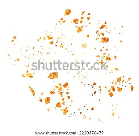 Bread crumbs macro isolated on white background. Splash of crumbs Top view. Flat lay.
