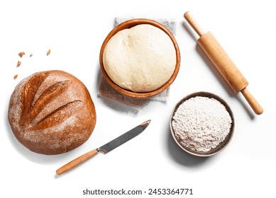 Bread, dough, flour and rolling pin isolated on white background. Making bread, sourdough baking design elements set. - Powered by Shutterstock