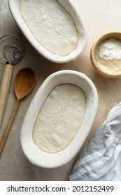 Bread Dough Ready For Baking. Home Baking, Sourdough Rustic Bread Made With Wild Yeast