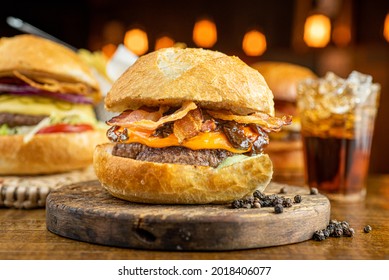 Bread French Ball Fresh Meat Hamburger Cheese Melting
Bacon Delicious Cold Soda

Rustic Onion