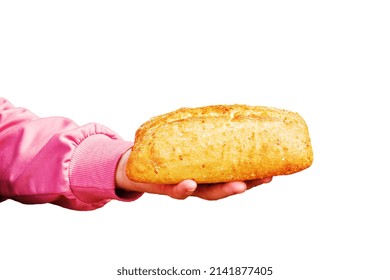 Bread In The Hand Of A Middle-aged Woman. The Concept Of The World Food Crisis Associated With The War In Ukraine. Isolated On White Background.