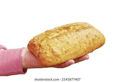 Bread In The Hand Of A Middle-aged Woman. The Concept Of The World Food Crisis Associated With The War In Ukraine. Isolated On White Background.