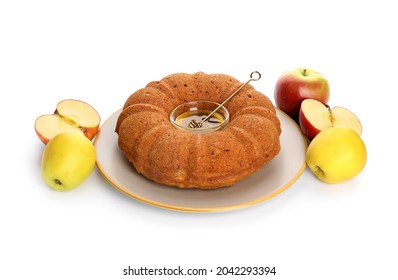 Bread With Honey And Apples On White Background. Rosh Hashanah (Jewish New Year) Celebration