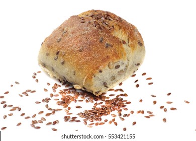 Bread And Linseed Isolated On White Background