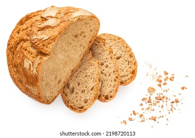Bread loaf with crumbs isolated on white background. Top view. Flat lay. Bread creative layout - Shutterstock ID 2198720113