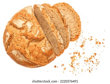 Bread Loaf With  Slices And Bread Crumbs  Viewed From Above Isolated On White Background. Top View. Flat Lay.