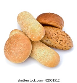 Bread loafs and buns variety isolated on white background
