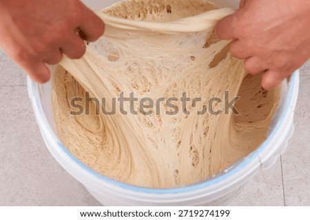 Bread making process: Baker's hands stretching fermented dough to show gluten structure.