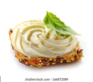 Bread With Melted Cream Cheese Isolated On A White Background